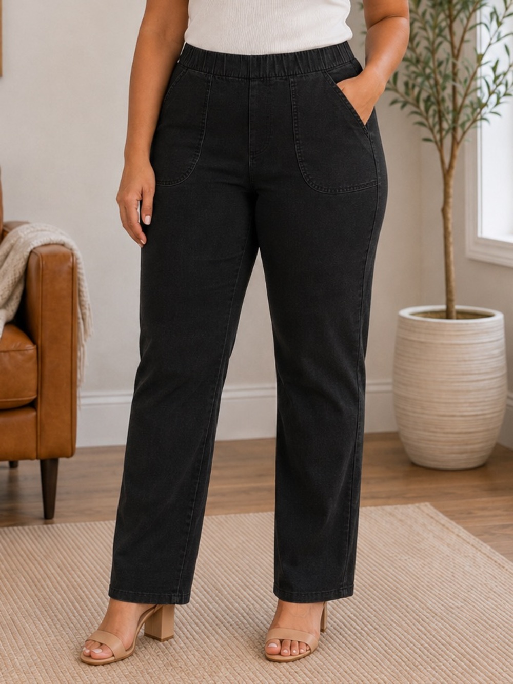 Denim & Co. Tall Black Flat Front Side Pocket Pants size Tall Large NEW A720068
